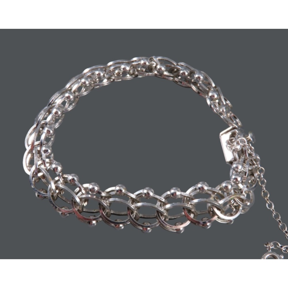 Vintage STERLING SILVER Double/Quad Link Charm Bracelet STARTER EMPTY 7.25" Long